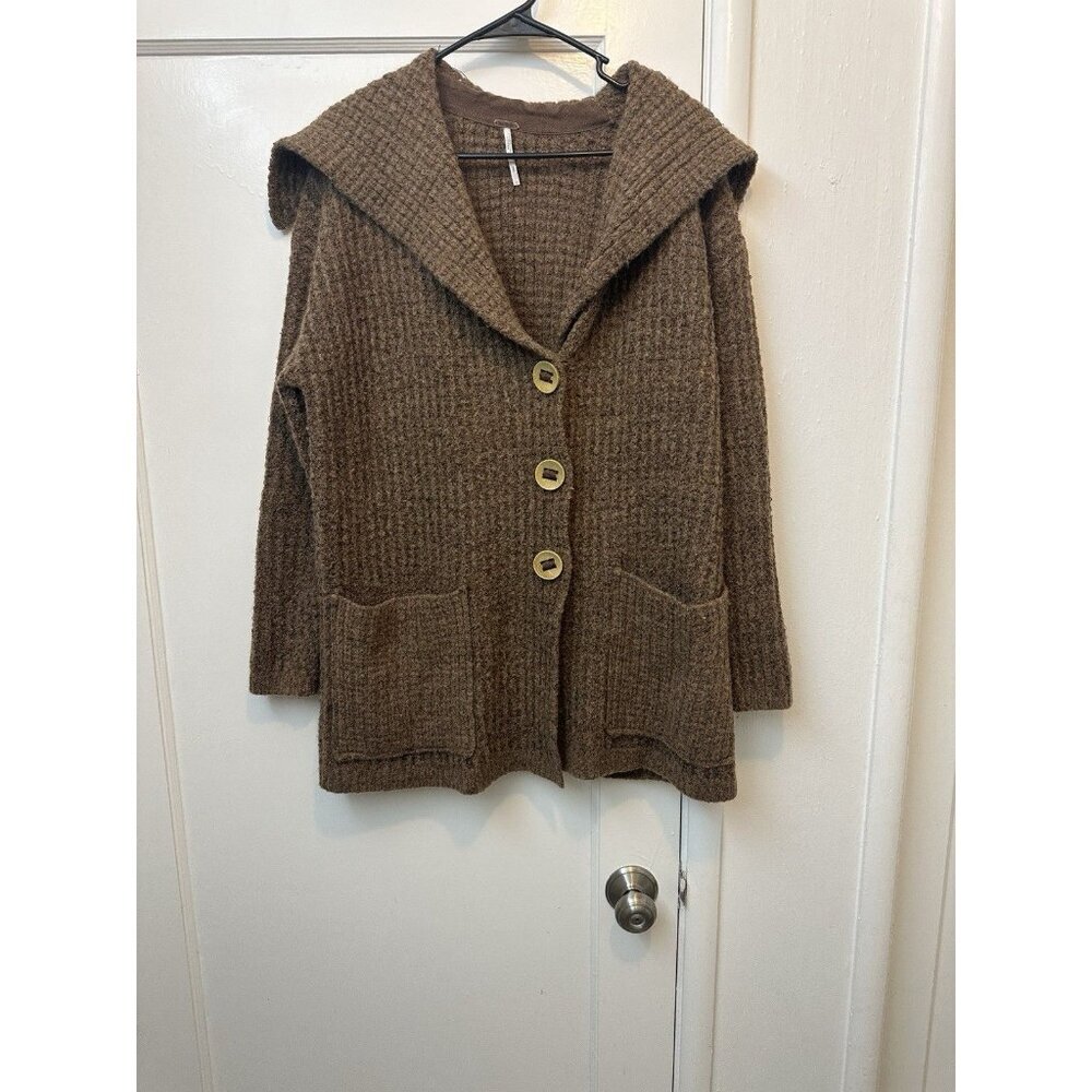 Free People Heavy Knit Chunky Sweater‎ Cardigan Brown Sz S Oversized Big Buttons